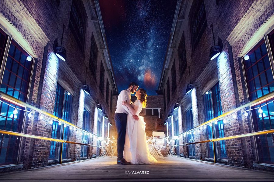 bride and groom under the stars