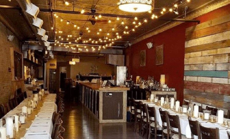 industrial reception space with string lights
