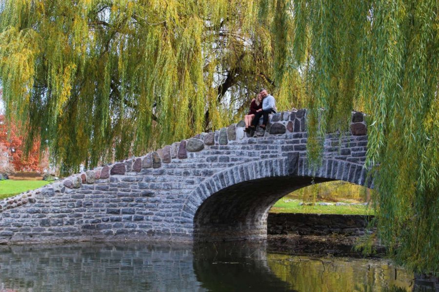 Couple on a bridge surrounded by willows